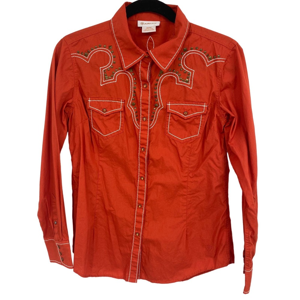 Ariat Womens M Western rust long sleeve pearl snap stud embroidered shirt Orange
